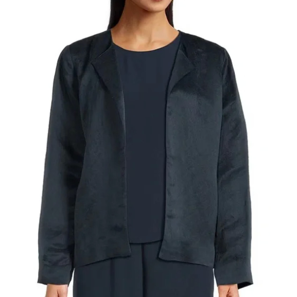 NWT Eileen Fisher Open Front Short Jacket M Navy Linen Silk Round Neck Pockets